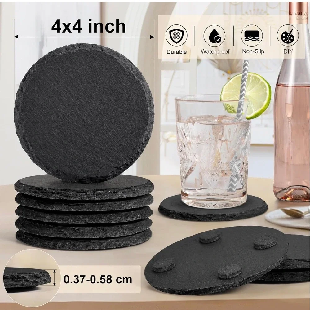 Black Slate Coasters Set of 4 Round‎ Stone Drink Coaster Deer Stag Etched 4 Inch